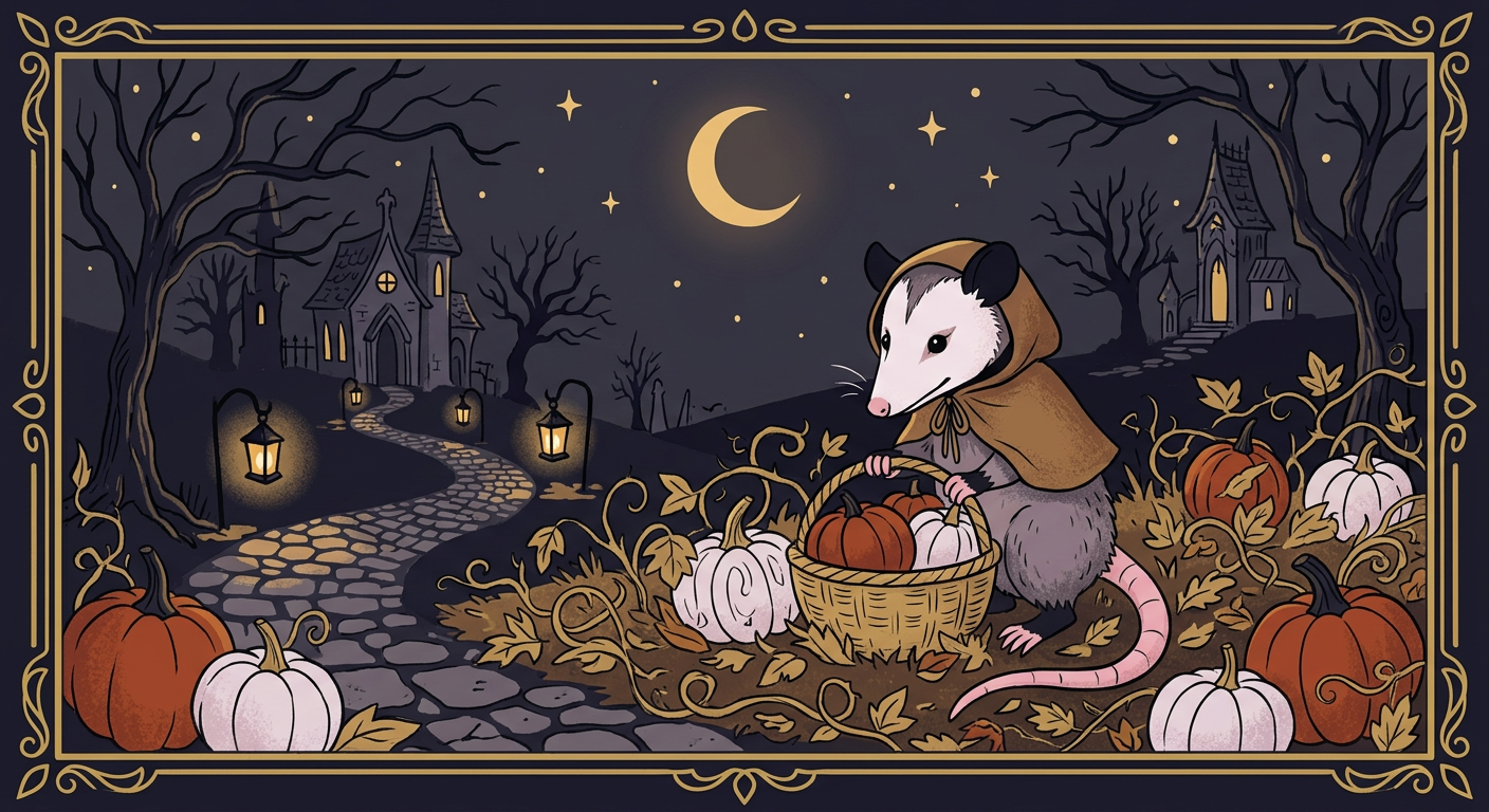 Possum collecting pumpkins by moonlight