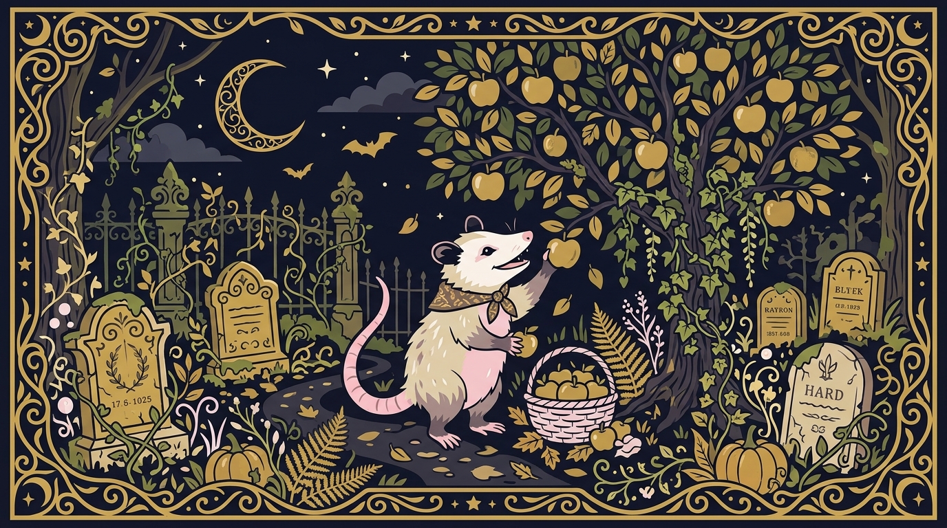 Possum picking apples in graveyard