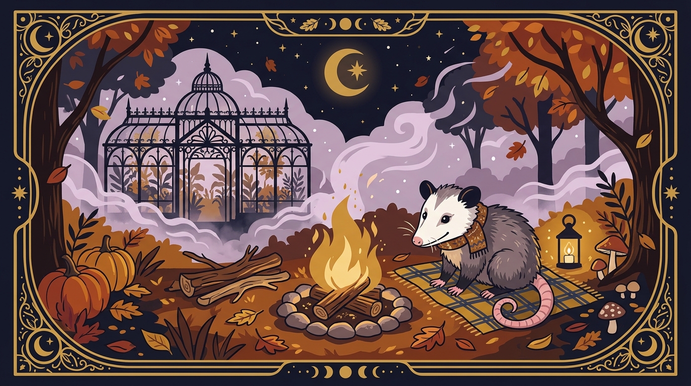 Possum by bonfire in greenhouse